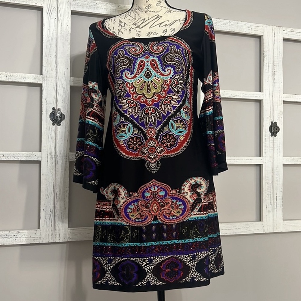 Midi Dress Wide sleeves Cutout Back Eye Colorful Pattern Polyester Spandex Blend